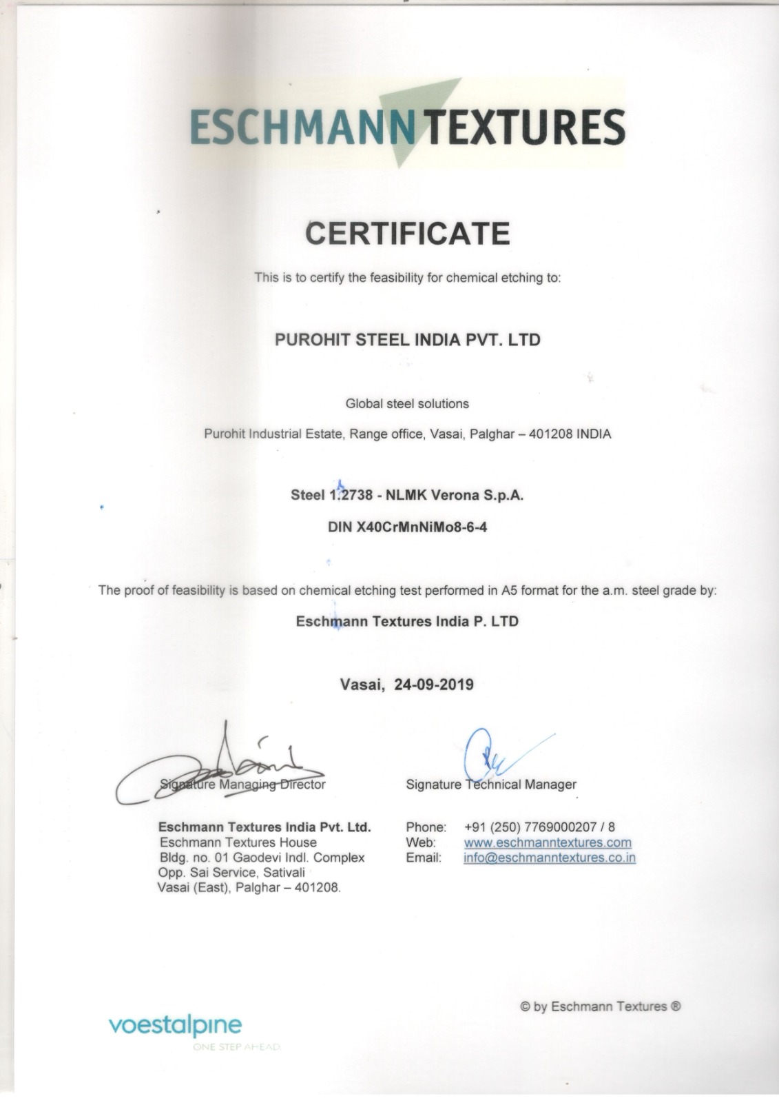 Quality Certificate