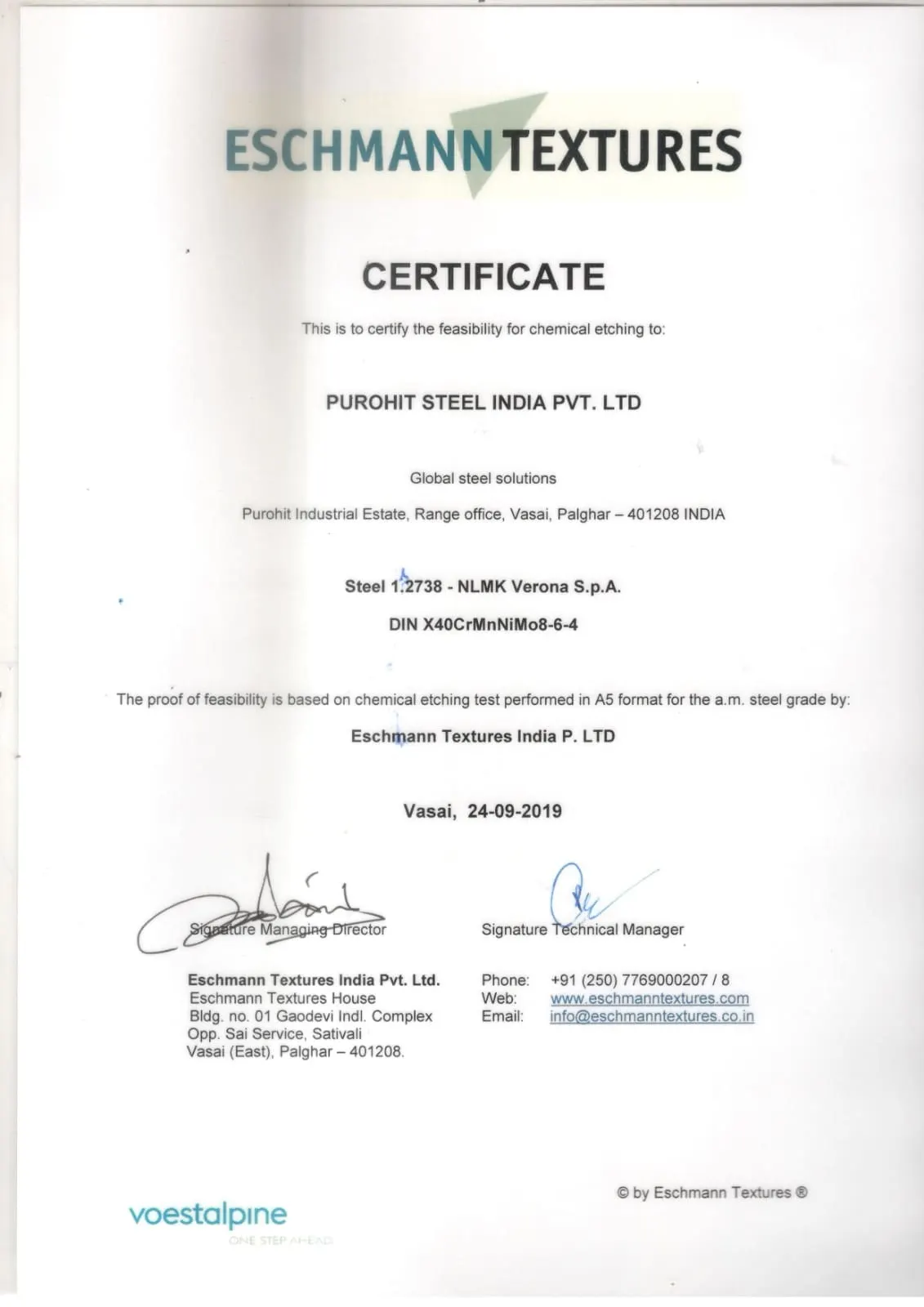 Quality Certificate