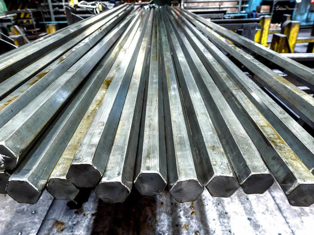 Tool steel hex bar stock held at Purohit Steel's Vasai warehouse